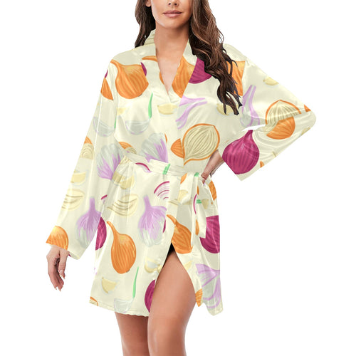 Onion garlic white red pattern Women's Long Sleeve Belted Night Robe