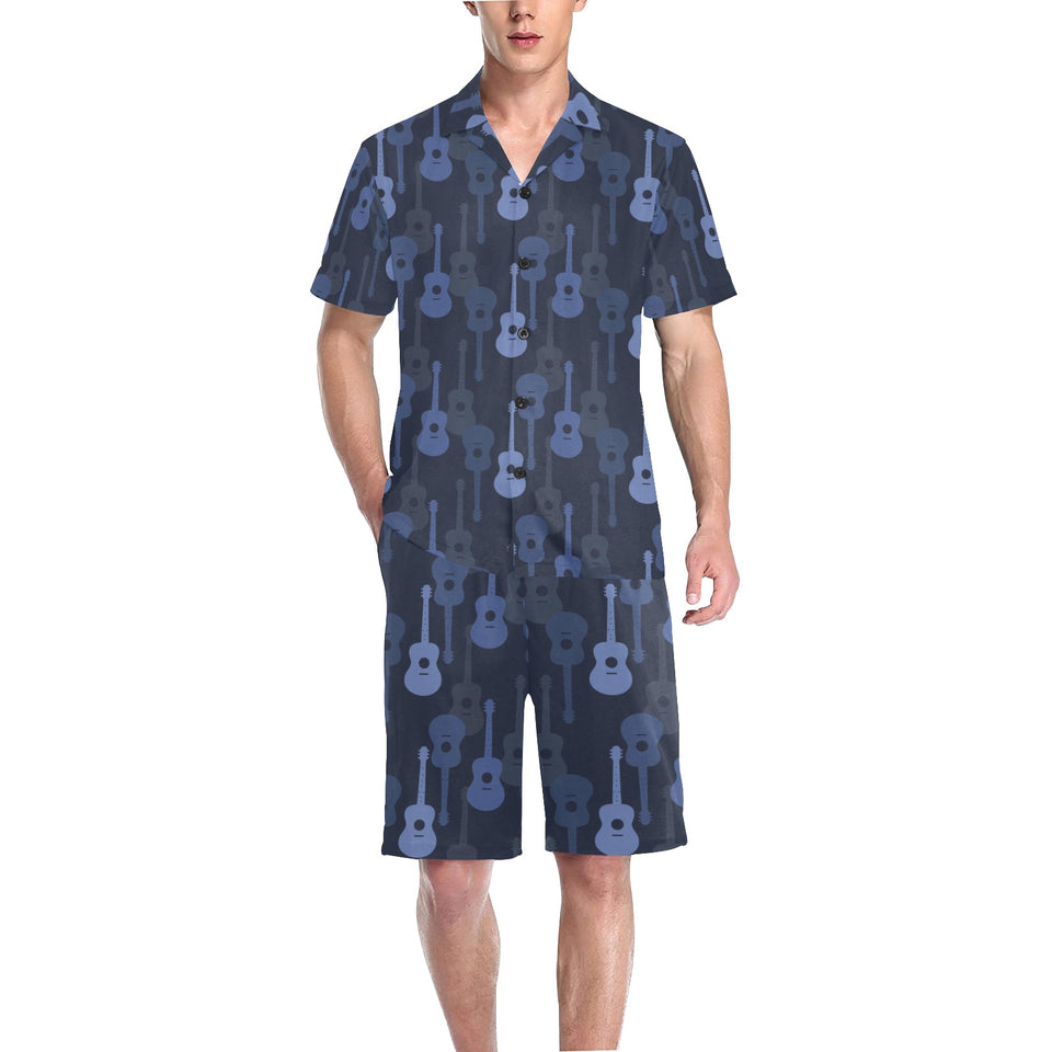 Blue Theme guitar pattern Men's V-Neck Short Pajama Set