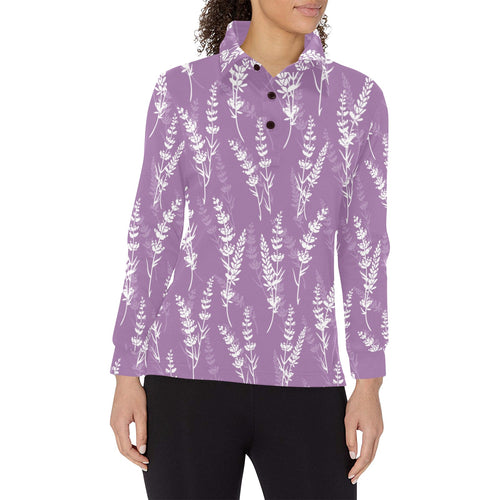 Lavender flowers purple pattern Women's Long Sleeve Polo Shirt