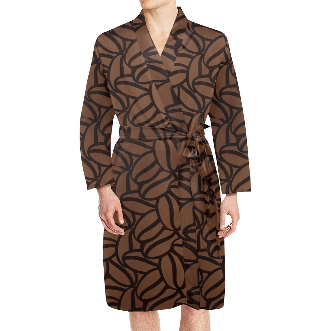 coffee bean pattern Men's Long Sleeve Belted Night Robe