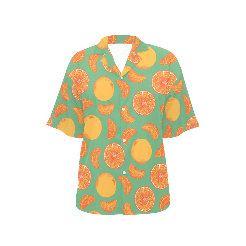orange fruit pattern green background Women's All Over Print Hawaiian Shirt