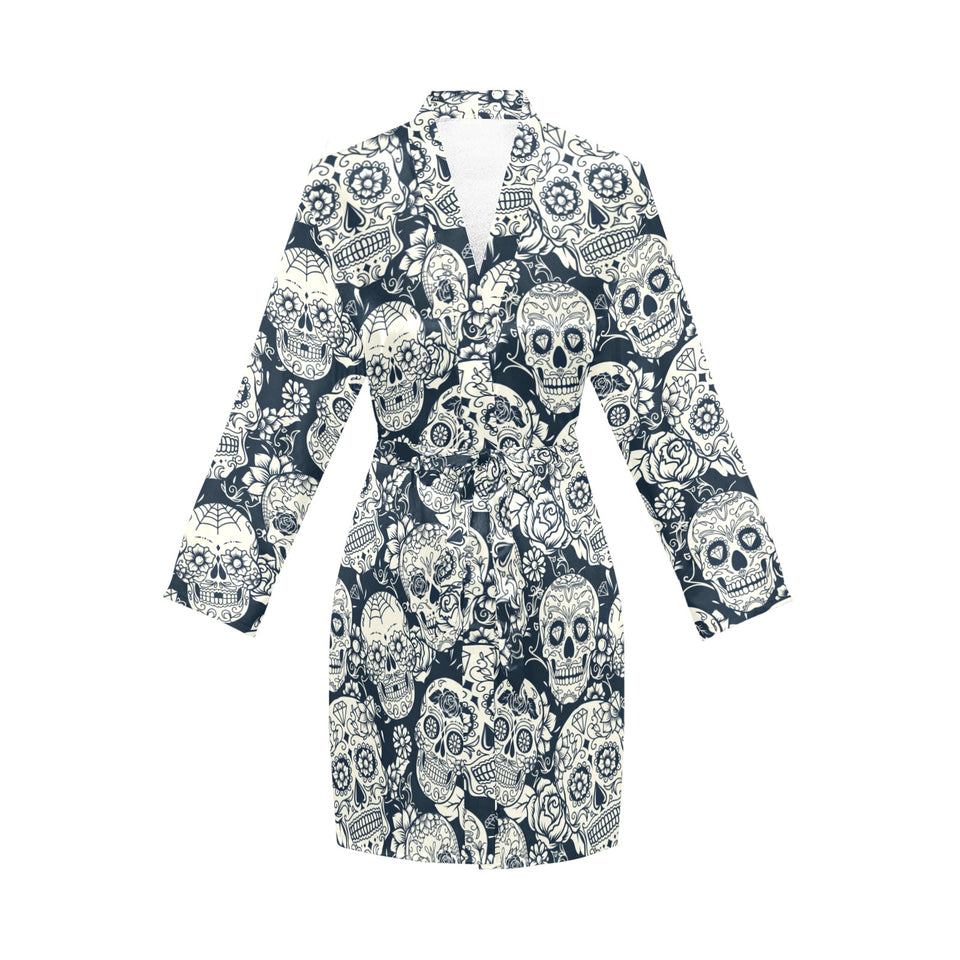 Sugar skull black white pattern Women's Long Sleeve Belted Night Robe