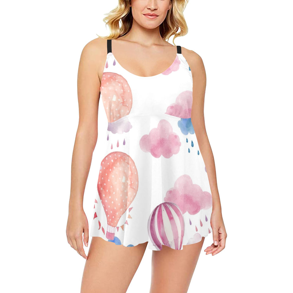 Watercolor air balloon cloud pattern Chest Sexy Pleated Two Piece Swim Dress