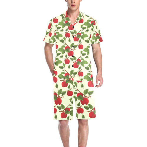 Red apples leaves pattern Men's V-Neck Short Pajama Set