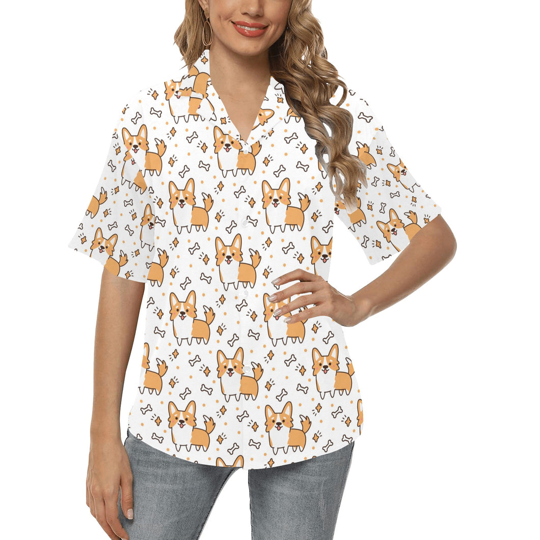 Cute corgi heart star bone pattern Women's All Over Print Hawaiian Shirt