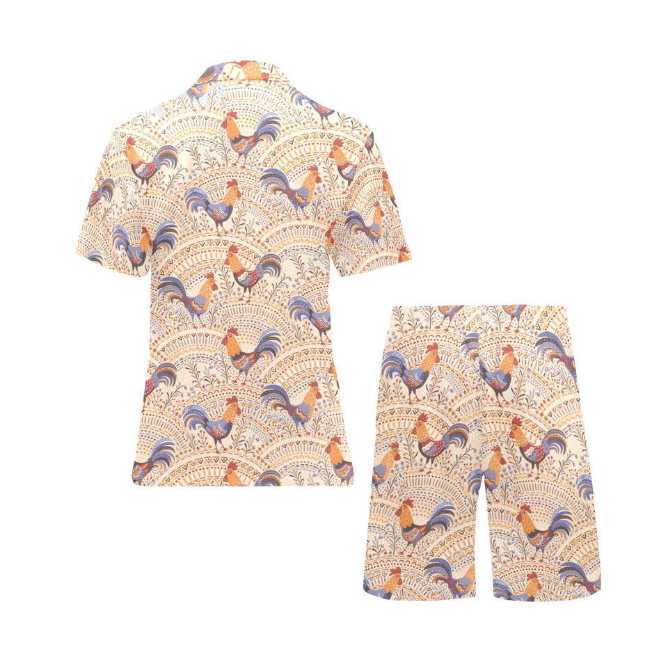 Cute rooster chicken cock floral ornament backgrou Men's V-Neck Short Pajama Set