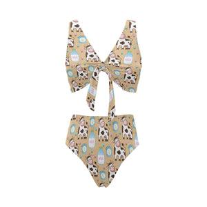 Cow bottle of milk pattern Chest Bowknot High Waisted Bikini Swimsuit