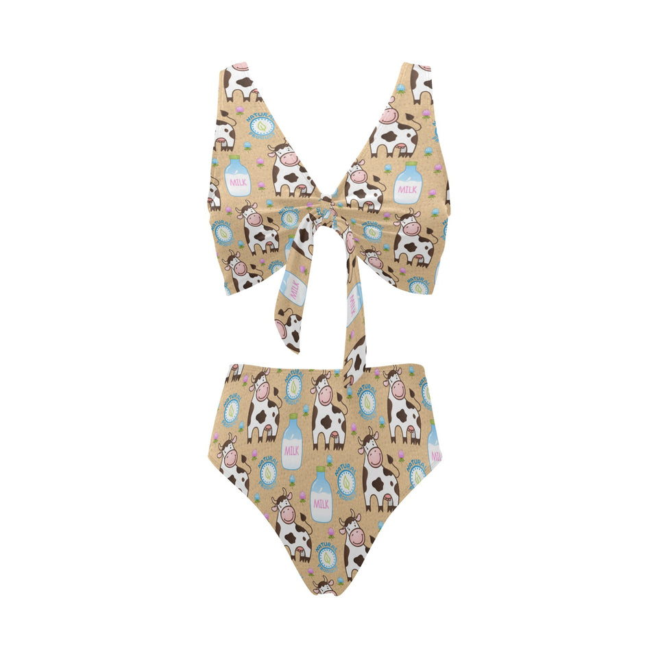 Cow bottle of milk pattern Chest Bowknot High Waisted Bikini Swimsuit