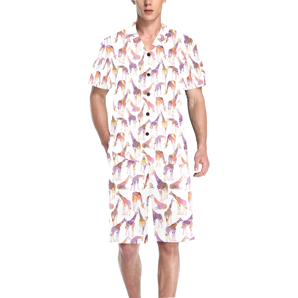 Giraffe Pattern Print Design 02 Men's V-Neck Short Pajama Set