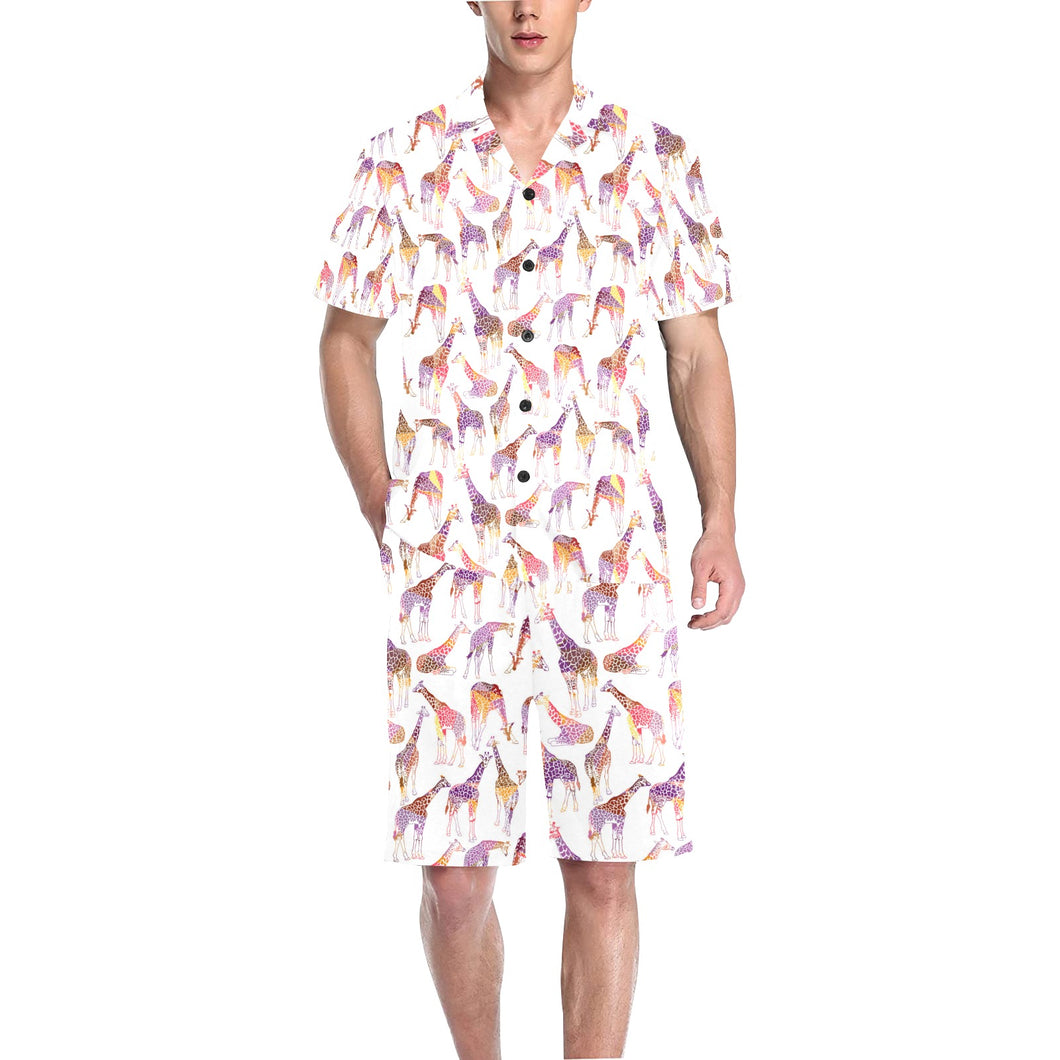 Giraffe Pattern Print Design 02 Men's V-Neck Short Pajama Set