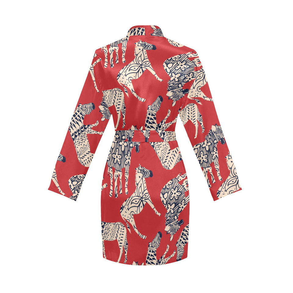 Zebra abstract red background Women's Long Sleeve Belted Night Robe