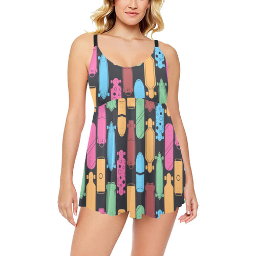 Skate Board Pattern Print Design 02 Chest Sexy Pleated Two Piece Swim Dress
