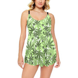 Canabis Marijuana Weed Pattern Print Design 01 Chest Sexy Pleated Two Piece Swim Dress