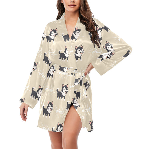 Cute Siberian Husky Women's Long Sleeve Belted Night Robe