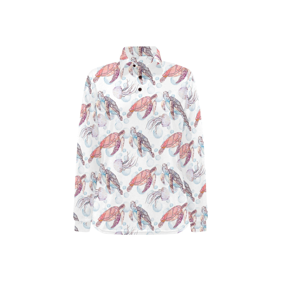 Watercolor sea turtle jellyfish pattern Women's Long Sleeve Polo Shirt