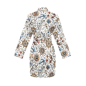 Cute nautical steering wheel anchor pattern Women's Long Sleeve Belted Night Robe