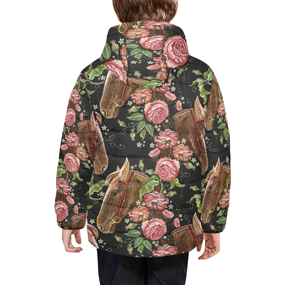 Horse head wild roses pattern Kids' Boys' Girls' Padded Hooded Jacket