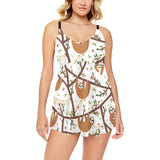 Sloths hanging on the tree pattern Chest Sexy Pleated Two Piece Swim Dress