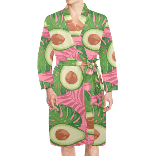 Avocado slices leaves pink back ground Men's Long Sleeve Belted Night Robe
