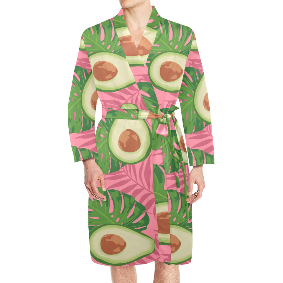 Avocado slices leaves pink back ground Men's Long Sleeve Belted Night Robe