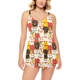 Colorful Maneki neko cat pattern Chest Sexy Pleated Two Piece Swim Dress