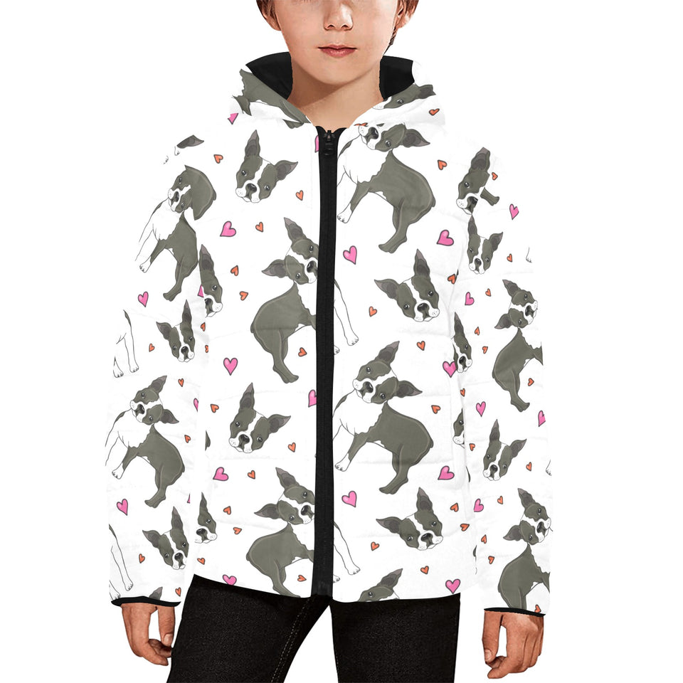 Boston terrier dog hearts vector pattern Kids' Boys' Girls' Padded Hooded Jacket