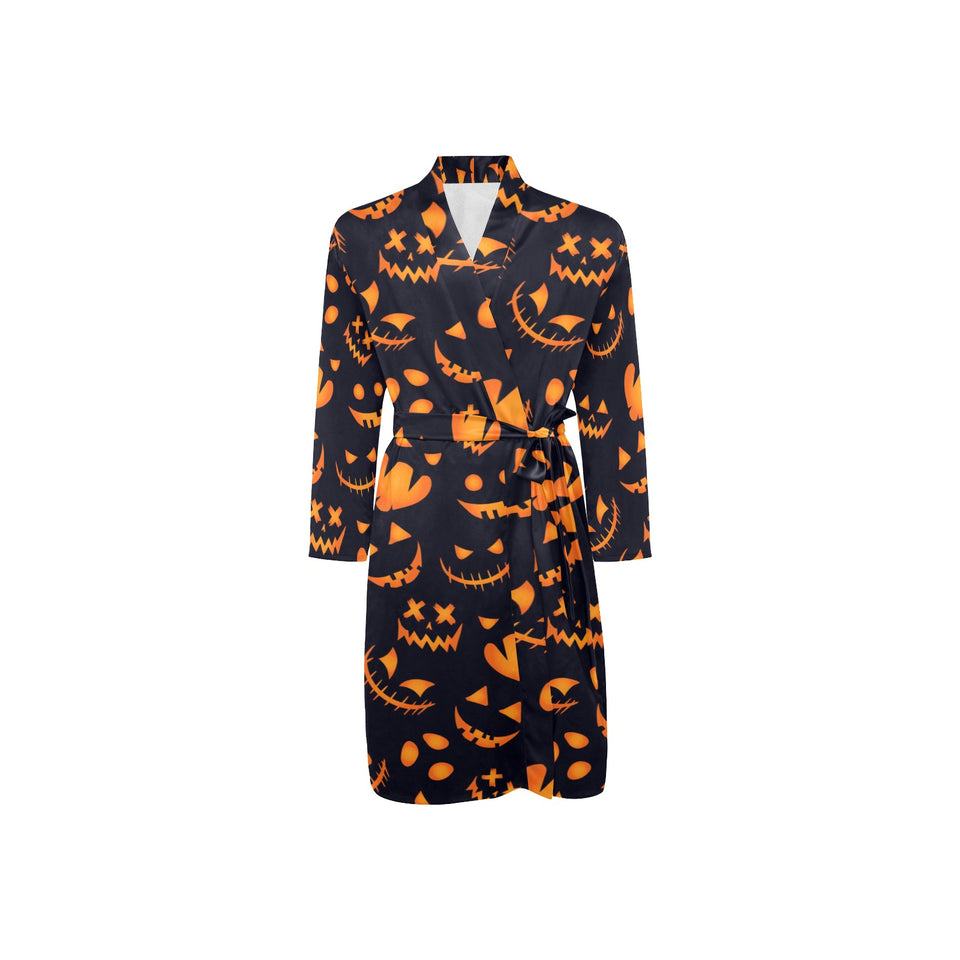 Halloween pattern Pumpkin background Men's Long Sleeve Belted Night Robe