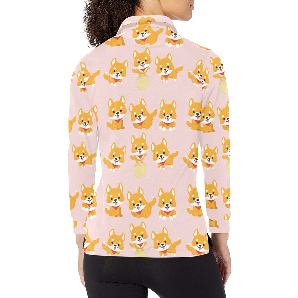 Cute shiba inu dog pattern Women's Long Sleeve Polo Shirt
