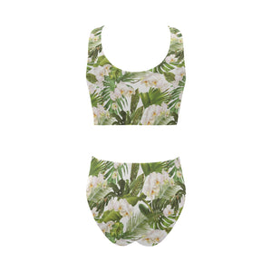 White orchid flower tropical leaves pattern Chest Bowknot High Waisted Bikini Swimsuit