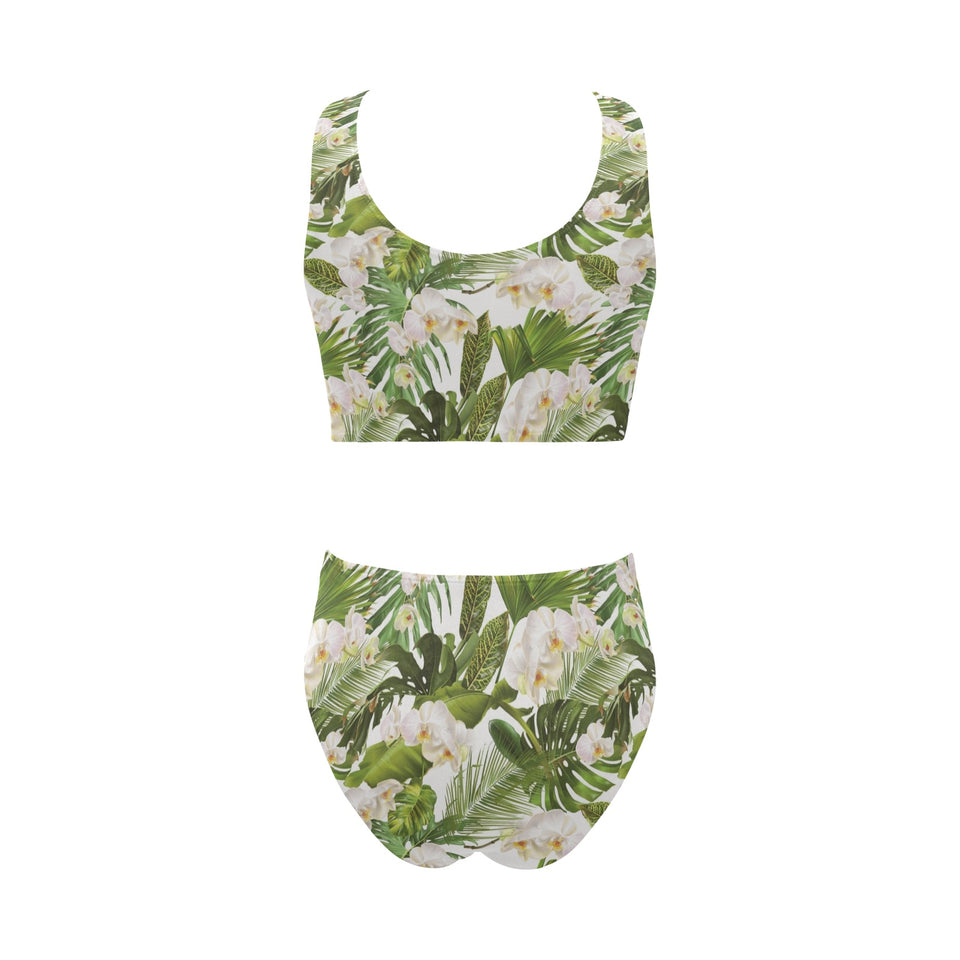 White orchid flower tropical leaves pattern Chest Bowknot High Waisted Bikini Swimsuit