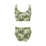 White orchid flower tropical leaves pattern Chest Bowknot High Waisted Bikini Swimsuit