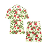 Red apples leaves pattern Men's V-Neck Short Pajama Set