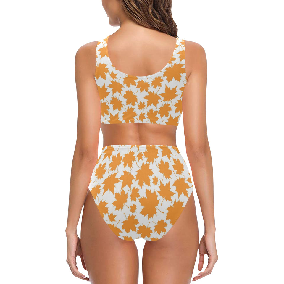 Orange Maple Leaf pattern Chest Bowknot High Waisted Bikini Swimsuit