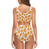 Orange Maple Leaf pattern Chest Bowknot High Waisted Bikini Swimsuit
