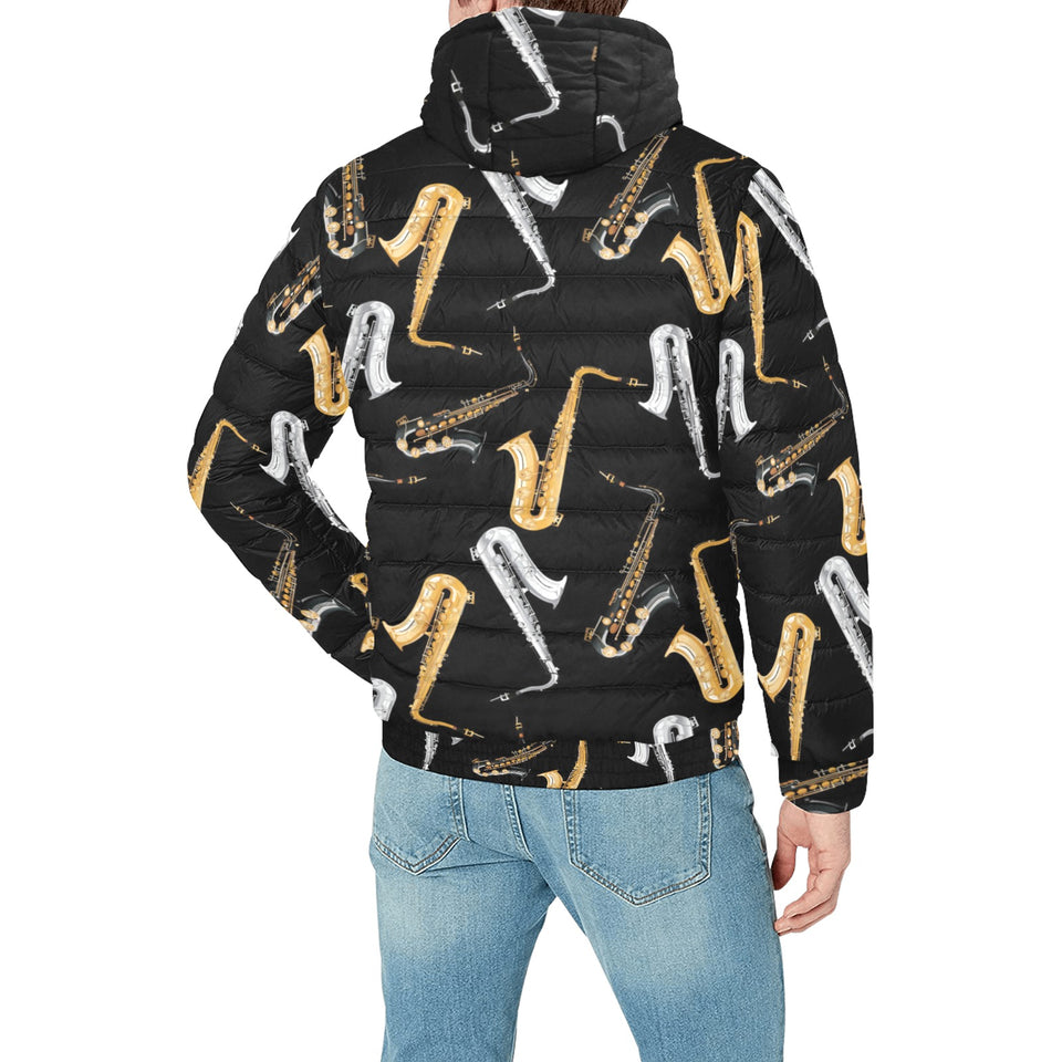 saxophone design pattern Men's Padded Hooded Jacket