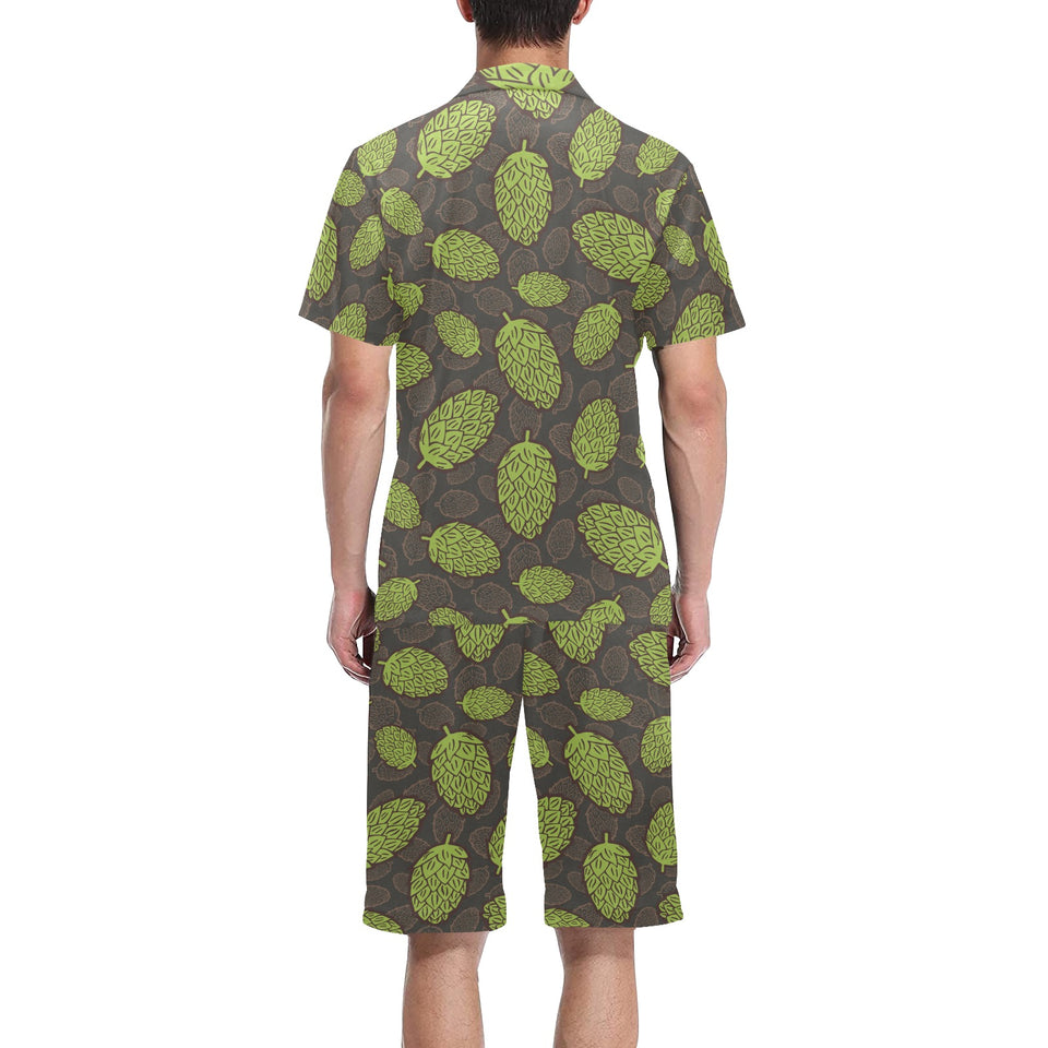 Hop pattern black background Men's V-Neck Short Pajama Set