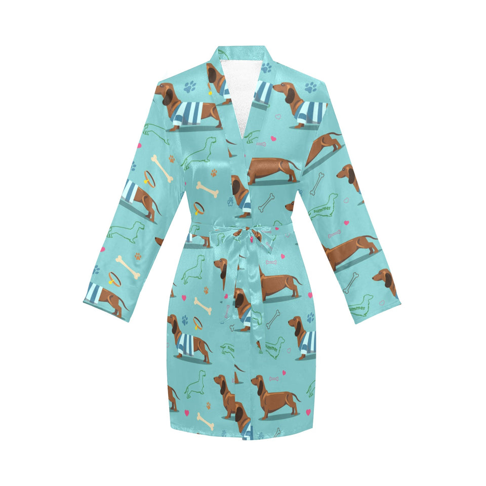 Dachshund decorative background Women's Long Sleeve Belted Night Robe