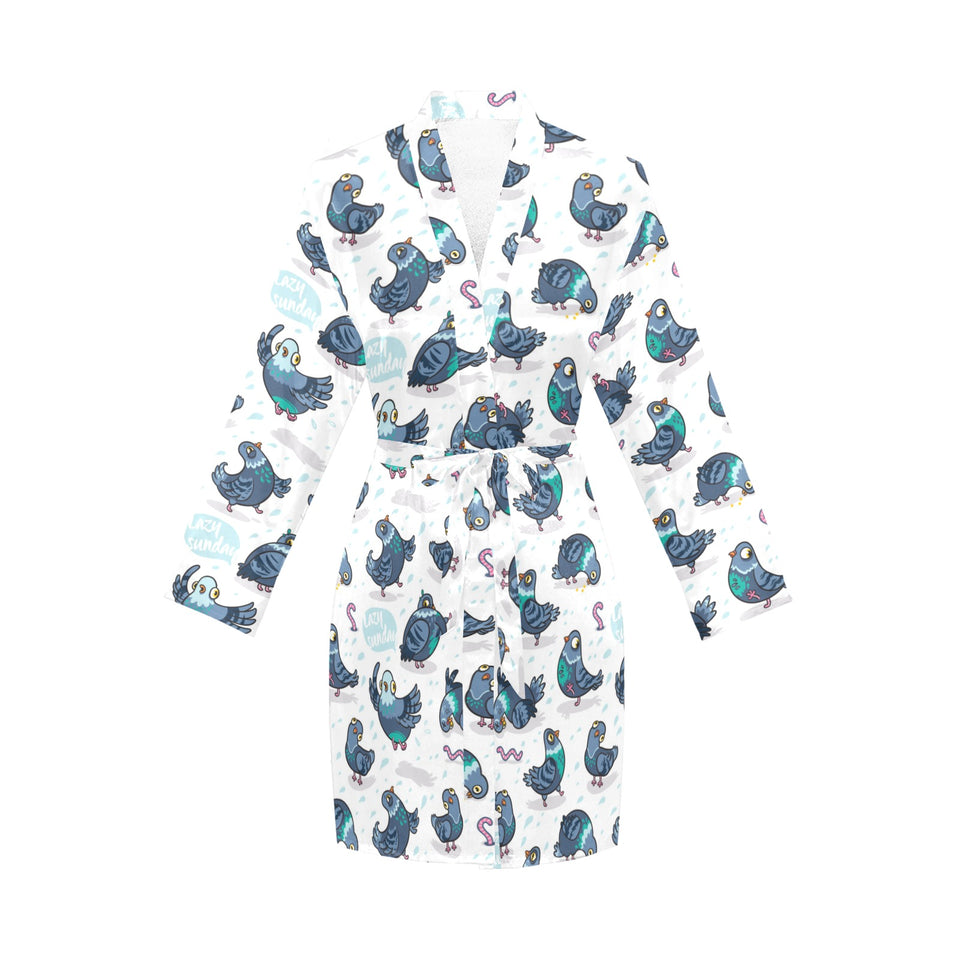 Pigeon Pattern Print Design 02 Women's Long Sleeve Belted Night Robe