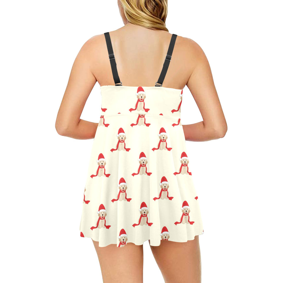 Golden Retriever Pattern Print Design 01 Chest Sexy Pleated Two Piece Swim Dress