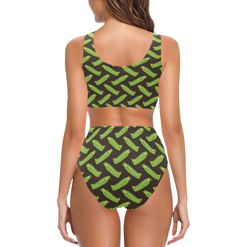 Green Peas Pattern Print Design 05 Chest Bowknot High Waisted Bikini Swimsuit