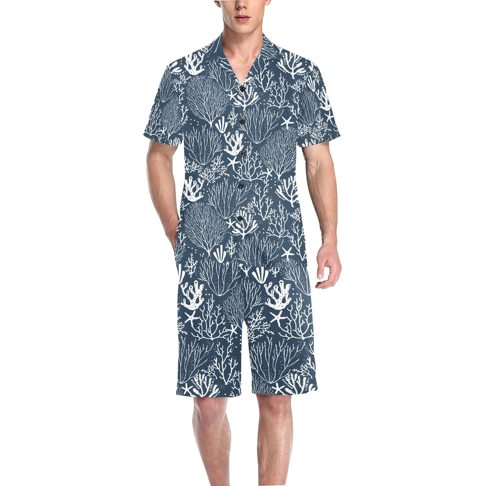 Coral Reef Pattern Print Design 05 Men's V-Neck Short Pajama Set