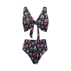 Colorful mushroom pattern Chest Bowknot High Waisted Bikini Swimsuit