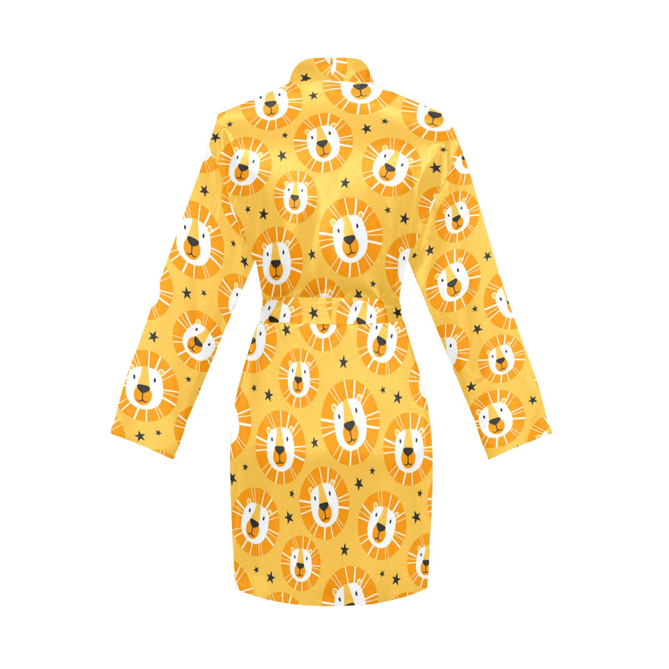 Lion Pattern Print Design 03 Women's Long Sleeve Belted Night Robe