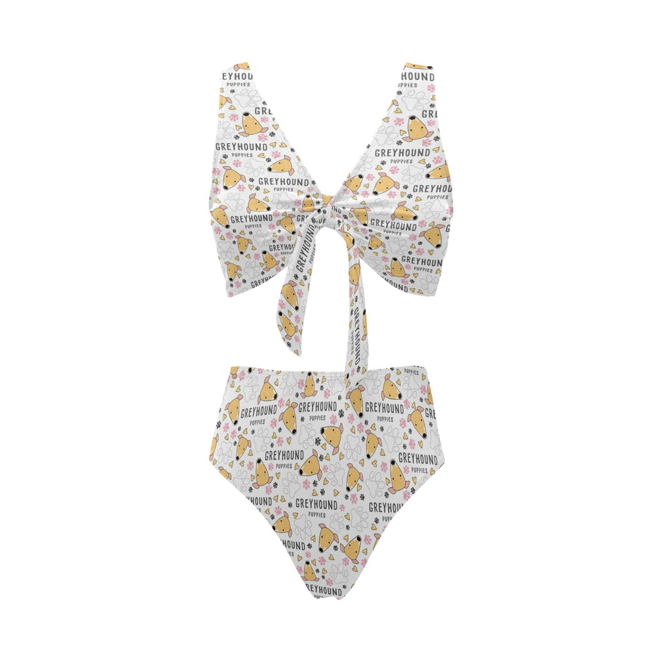 Greyhound Pattern Print Design 03 Chest Bowknot High Waisted Bikini Swimsuit