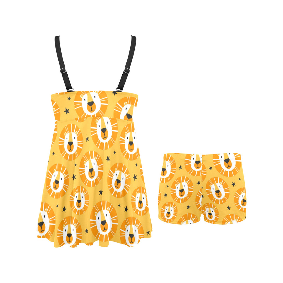 Lion Pattern Print Design 03 Chest Sexy Pleated Two Piece Swim Dress
