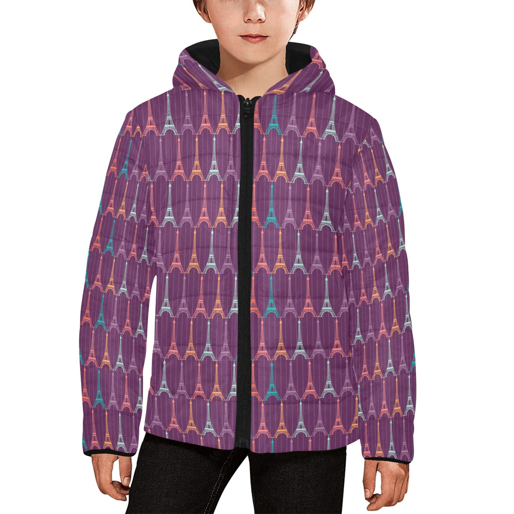Eiffel Tower Pattern Print Design 05 Kids' Boys' Girls' Padded Hooded Jacket
