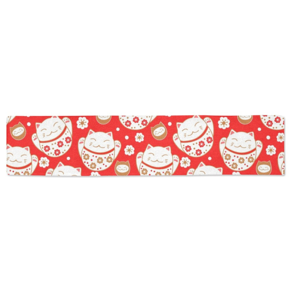 Cute Maneki neko cat red background Table Runner