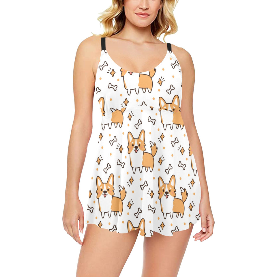 Cute corgi heart star bone pattern Chest Sexy Pleated Two Piece Swim Dress