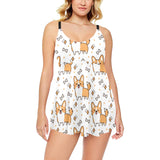 Cute corgi heart star bone pattern Chest Sexy Pleated Two Piece Swim Dress