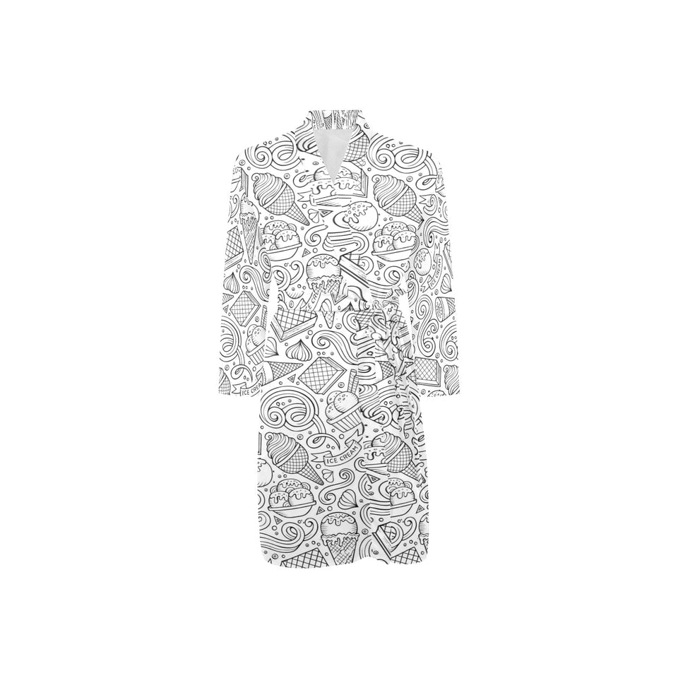 Cartoon hand drawn ice cream black white Men's Long Sleeve Belted Night Robe